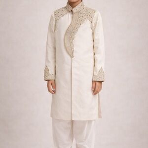 Elegant boys traditional Cream Embroidered Sherwani and Kurta set